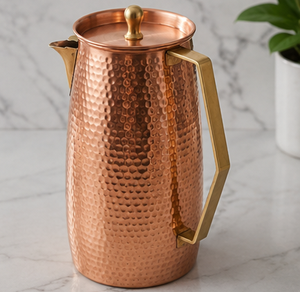 Carafe en cuivre martelé avec poignée et couvercle en laiton, grande capacité, vaisselle vintage pour la maison, carafe haut de gamme de grande capacité - Product Image 1