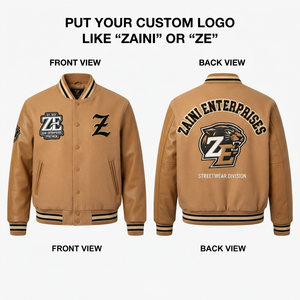 Chaqueta Varsity para Hombre, 450 GSM, Mezcla de Lana, Mangas de Cuero PU, Color Camel y Negro, Paneles con Ribetes, Logotipo Personalizado, OEM, ODM, Calidad Premium - Product Image 1