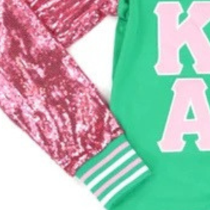Chaqueta Cárdigan Varsity Personalizada Verde y Rosa, Manga Larga con Lentejuelas, Cierre de Botones, Cuello en V, Ribete Acanalado, Ropa Deportiva de Moda - Product Image 5