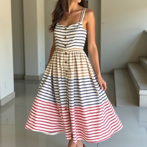 Robe d'été décontractée à rayures, midi, fabriquée en Inde, avec poches, bretelles réglables pour filles - Product Image 2
