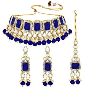 Gold Plated Alloy <b>Necklace</b> Earrings Set <b>Blue</b> Zircon Imitation Pearl Ethnic Wedding Jewelry Women's Fashion Jewelry Sets - Product Image 1