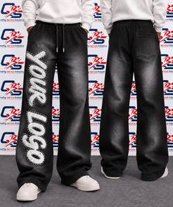 Pantalones deportivos holgados de cintura alta para hombre, pantalones jogger de pierna ancha con costuras en zigzag, logo con tachuelas y tela lavada - Product Image 4