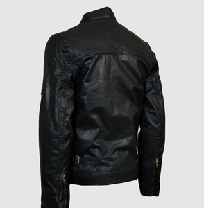 Blouson moto en cuir noir slim fit pour homme, col montant, fermeture éclair, manches classiques, couleur unie, idéal pour l'automne – Modèle très demandé - Product Image 3