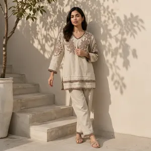 <b>Women</b> Cotton <b>Linen</b> Embroidered Kurta Pant <b>Set</b> Beige Floral V Neck Three Quarter Sleeve Ethnic Casual Wear Comfortable Outfit - Product Image 1