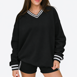 Sweat-shirt col en V pour femme, mélange de coton, pull décontracté, coupe ample, tissu respirant et doux, à porter au quotidien, élégant et confortable - Product Image 1