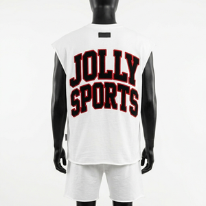 Conjunto de Camiseta sin Mangas y Pantalones Cortos para Hombre, 240 GSM, Jersey de Algodón Premium, Logotipo Bordado en Aplique, Blanco - Product Image 3