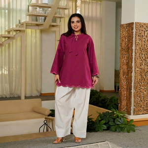 Women's Purple <b>Silk</b> Kurta With White <b>Palazzo</b> <b>Pants</b> Loose Fit Casual Wear Indian Pakistani Style All Seasons - Product Image 1