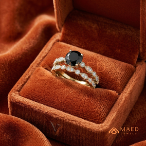 Bridal <b>Set</b> 2ct Round Black Moissanite Engagement <b>Ring</b> and Matching Band Vintage Marquise Dot Milgrain Band 14K <b>gold</b> <b>ring</b> - Product Image 3