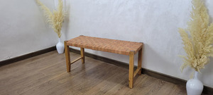 Handmade Wooden Bench With Woven Leather <b>Seat</b> Minimalist Modern <b>Stool</b> For Living Room Home Furniture - Product Image 2