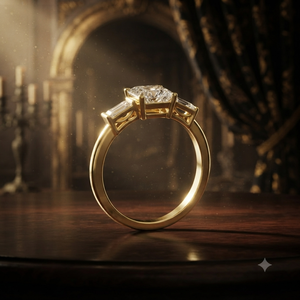 Anillo de compromiso de oro amarillo con corte Asscher y tres piedras, con piedras laterales en forma de baguette, elegante anillo de promesa nupcial solitario - Product Image 1