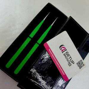 GETUP BROSONS IMPEX Slim Long Green Stainless Steel Eyelash Tweezers Precision Tool <b>Box</b> Packaging - Product Image 2