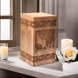 Rectangular Mango Wood Urn Indian Factory Production Urns with Deer Carved Pattern <b>for</b> Human Adult <b>Pet</b> <b>Ashes</b> USA Europe Memorial - Product Image 4
