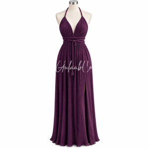 Plum <b>Purple</b> <b>Halter</b> <b>Neck</b> Maxi <b>Dress</b> Adjustable Waist Tie Soft Textured Fabric Side Slit Flowy Summer Beach Evening Partywear Gown - Product Image 1