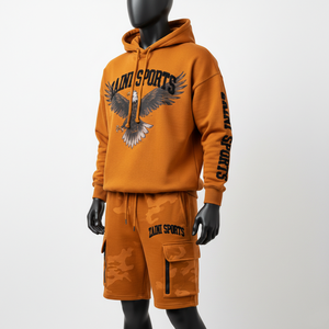 Conjunto de Sudadera con Capucha y Pantalones Cortos de Felpa de Algodón y Poliéster para Hombre, Color Naranja Quemado, con Panel Personalizado y Logotipo Estampado, Estilo Urbano - Product Image 4
