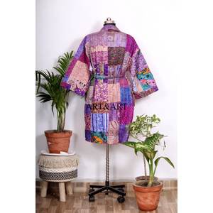 Kimono de Seda Bohemio Hecho a Mano en India con Parches Kantha, Elegante Ropa de Playa y Dormir para Mujer, Transpirable, con Cinturón y Lazos Delanteros - Product Image 6