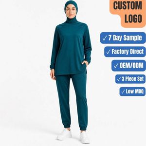 Hijabi Gym Wear 260GSM 3 Piece Modest Set Performance Hijab <b>Raglan</b> <b>Top</b> Jogger OEM Wholesale - Product Image 1