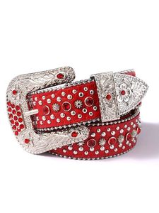 Ceinture en cuir de vache rouge occidentale avec boucle en strass argenté, style décontracté - Product Image 2