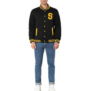 Men's Black Varsity Jacket With Yellow Striped Collar And <b>Button</b> Closure Casual Style Corduroy Fabric - Product Image 3