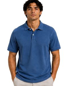 Polo homme bleu à manches courtes en coton piqué, motif jacquard décontracté, col rabattu, personnalisable, classique, été - Product Image 1