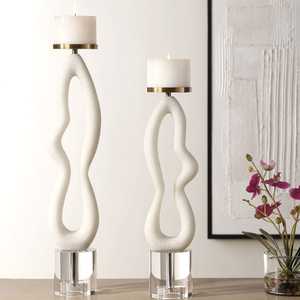 Ensemble de porte-bougies sculpturaux abstraits blancs, design texturé moderne avec base en cristal pour une décoration intérieure de luxe, qualité supérieure - Product Image 3
