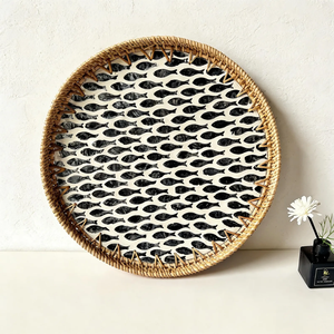 Plateau rond en rotin noir élégant avec mosaïque nacre, style rustique, pour service de café, vente en gros - Product Image 1