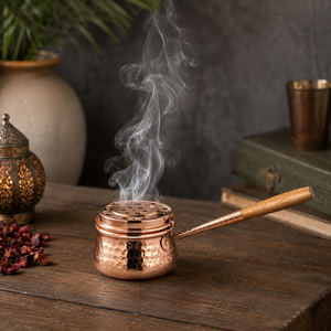 Brûleur d'encens artisanal en cuivre martelé avec poignée en bois, brûleur de Bakhoor, brûleur d'Oud, encensoir à charbon, aromathérapie, décoration d'intérieur, OEM - Product Image 4