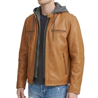 Blouson en cuir véritable pour homme, col montant enduit, à capuche, fermeture éclair frontale, coupe ajustée, chaud, style moto, décontracté, automne