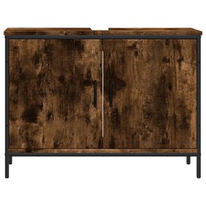 Meuble sous-vasque en bois d'ingénierie chêne fumé avec vasque en acier thermolaqué pour votre salle de bain moderne - Product Image 5