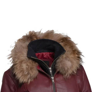 Chaqueta de cuero borgoña personalizada para mujer, abrigo largo de 3/4 de longitud, chaqueta de cuero genuino con doble botonadura y capucha de piel de zorro auténtica - Product Image 5