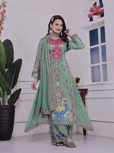 Kurta en soie verte brodée avec dupatta, tenue ethnique traditionnelle indienne et pakistanaise pour femmes, longueur au sol, vêtements de mariage - Product Image 3