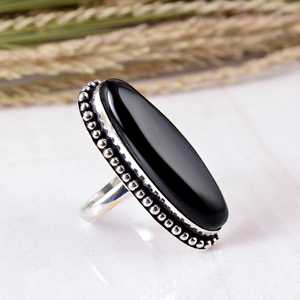 SHYAM JEWELRS Long Nanette Black Onyx Silver Antique Large Gemstone <b>Statement</b> <b>Ring</b> Tribal Scalloped Edge Design Boho Hippie - Product Image 3