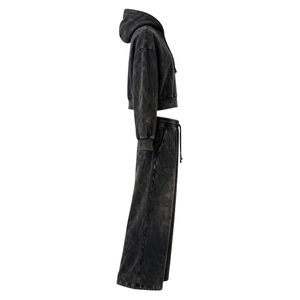 Ensemble de survêtement deux pièces noir délavé pour femme, hiver, avec sweat à capuche court zippé et pantalon large à cordon de serrage, écoresponsable, décontracté - Product Image 3
