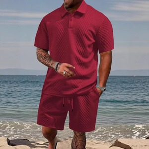 New Streetwear 240gsm Men Polo Shirt <b>Set</b> Jacquard Fabric Short Sleeve Checkered Design Summer Thin Casual Two Piece <b>Set</b> - Product Image 6