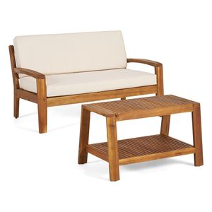Set da Giardino 2 Pezzi in Legno Teak Acacia per Esterni: Divanetto e Tavolino con Cuscini Beige Resistenti all'Acqua, Capacità 350 libbre - Product Image 5