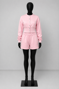 Ensemble de survêtement en coton tricoté rose pour femme, broderie machine, haut à manches longues boutonné, short décontracté, couleur unie, séchage rapide - Product Image 2
