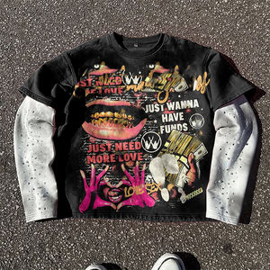 Venta al por mayor Heavyweight Terry 100% algodón Rhinestone manga larga hombres camiseta de gran tamaño DTG Serigrafía - Product Image 2