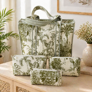 ชุดกระเป๋าถือผ้าฝ้ายลายป่าสีเขียว กระเป๋าโท้ทแบบเย็บลายพร้อมกระเป๋าซิปใส่เครื่องสำอางและอุปกรณ์เดินทาง - Product Image 1