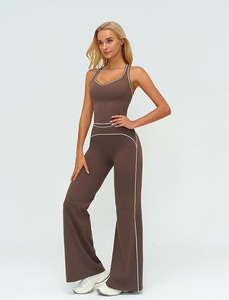 Women Brown Contrast Stitch Yoga <b>Jumpsuit</b> Spaghetti Strap U-NECK Plus Size High Support Seamless Breathable Four-Way Stretch - Product Image 1