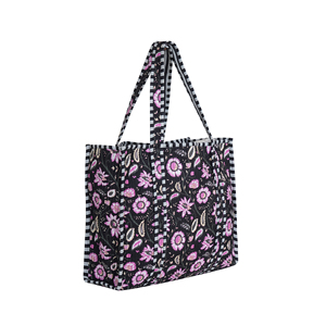 Quilted Cotton Open Tote <b>Bag</b> Women Black Pink Floral Block Print <b>Large</b> <b>Shoulder</b> <b>Bag</b> Handmade Indian Boho Market <b>Bag</b> - Product Image 2