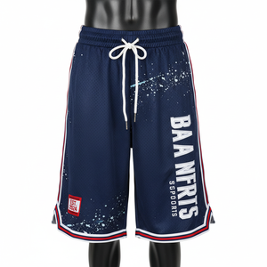 Shorts de basket-ball pour hommes de qualité supérieure, 160 GSM, polyester mesh, bleu marine, shorts de sport avec panneau rayé, logo personnalisé, shorts de basket-ball pour hommes - Product Image 4