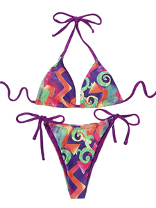 Ensemble de bikini à imprimé géométrique pour femmes, haut croisé à nouer, bas à nouer sur les côtés, en spandex et polyester, maillot de bain extensible 2 pièces - Product Image 3