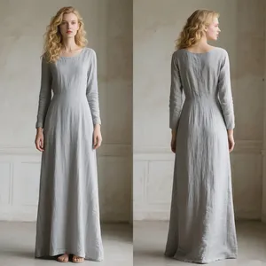 Robe longue vintage gris clair pour femme, manches longues, coupe ajustée, en lin respirant, robe décontractée - Product Image 3