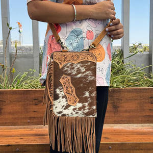 Women Western Floral Hand Tooled Leather Hair-On Cowhide Fringe Crossbody <b>Handbag</b> Genuine Leather Concealed Carry Messenger Bag - Product Image 4