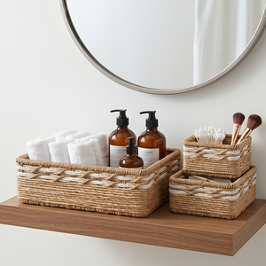 Decorative Natural Fiber Woven Bohemian Style Eco-Friendly <b>Storage</b> Baskets Set 4 Rectangular Bins 10-20L Capacity Closet <b>Shelf</b> - Product Image 5