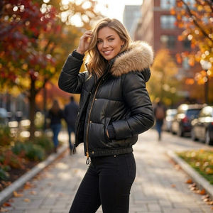Chaqueta de cuero acolchada a cuadros Black Fox con capucha de piel, cortavientos, estilo urbano, ropa de abrigo de invierno para mujer - Product Image 4