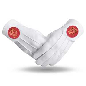 Gants de sport en coton blanc avec patch rouge, broderie dorée et impression par transfert thermique, style uni - Product Image 1