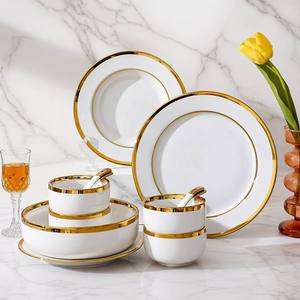 Polished White Ceramic Porcelain Dinnerware Set Two-tone Gold Rim Glossy Surface Bpa-free Luxurious Simplicity Leak-<b>proof</b> - Product Image 2