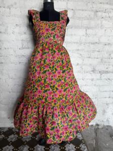 เดรสยาวผ้าฝ้ายพิมพ์ลายดอกไม้สไตล์วินเทจสำหรับฤดูร้อน ทรงหลวม ชายกระโปรงพลิ้ว แต่งระบายช่วงเอวแบบโบฮีเมียน สายเดี่ยว ไม่มีสายรัดไหล่ - Product Image 4