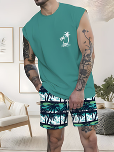 Conjunto de 2 Piezas de Camiseta sin Mangas y Pantalones Cortos de Secado Rápido 100% Algodón, Estilo Vacacional Tropical con Palmeras, para Hombre, Ropa Urbana Diaria de Verano - Product Image 3