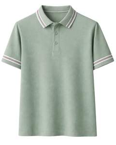 Polo personalizado verde menta para hombre, mezcla de algodón, informal, de manga corta, para verano, con cuello y puños con diseño de rayas en contraste. - Product Image 1